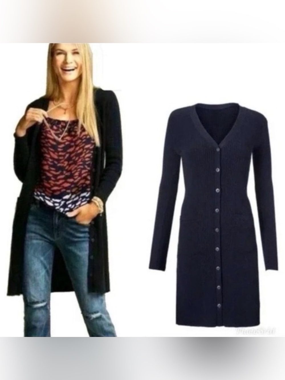 Women’s Cabi Navy Blue Ribbed Button Front Longline Cardigan Sweater Size XS